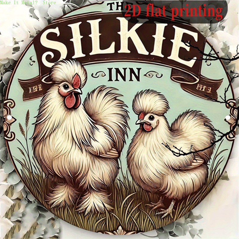 Home Bar Accessories - ป้ายโลหะทรงกลมลายวินเทจ The Silkie Inn, ป้ายโลหะติดผนังลายไก่พิมพ์แบบ 2