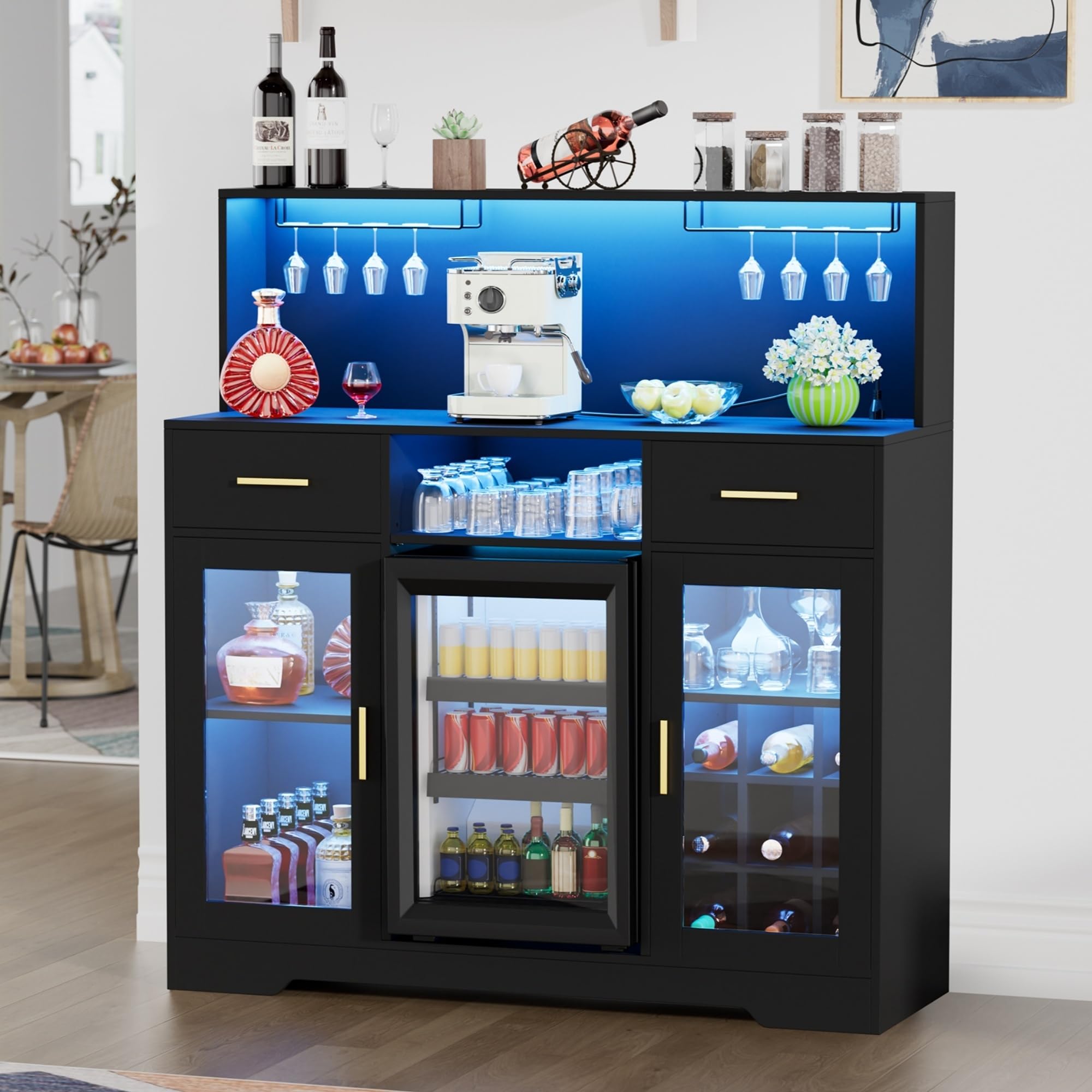Home Bar And Cabinet - ตู้เย็นขนาดเล็กพร้อมที่เก็บของ, ตู้เก็บไวน์สำหรับบ้านพร้อมไฟ LED และเต้าเสียบไฟฟ้า, ตู้เก็บกาแฟพร้อมตู้เย็นขนาดเล็ก