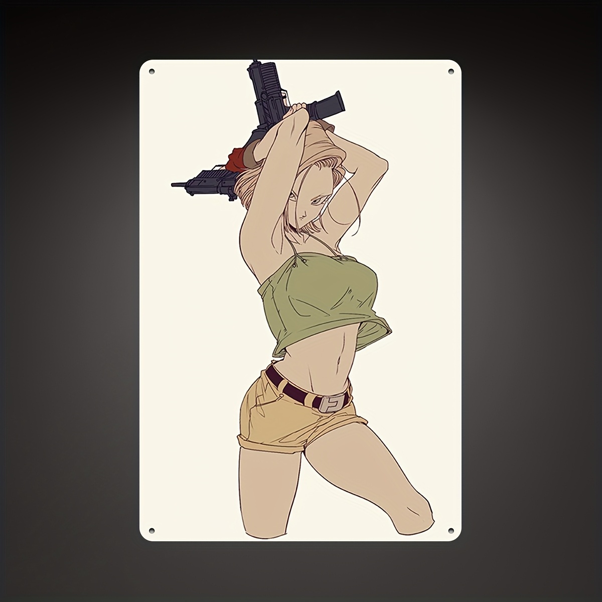 Home Bar Android - ป้ายโลหะติดผนังลายอนิเมะ Android 18 - ภาพประกอบเสื้อครอปสีเขียวสดใสและกางเกงขาสั้นสีเหลือง เหมาะสำหรับห้องส่วนตัวของผู้ชาย