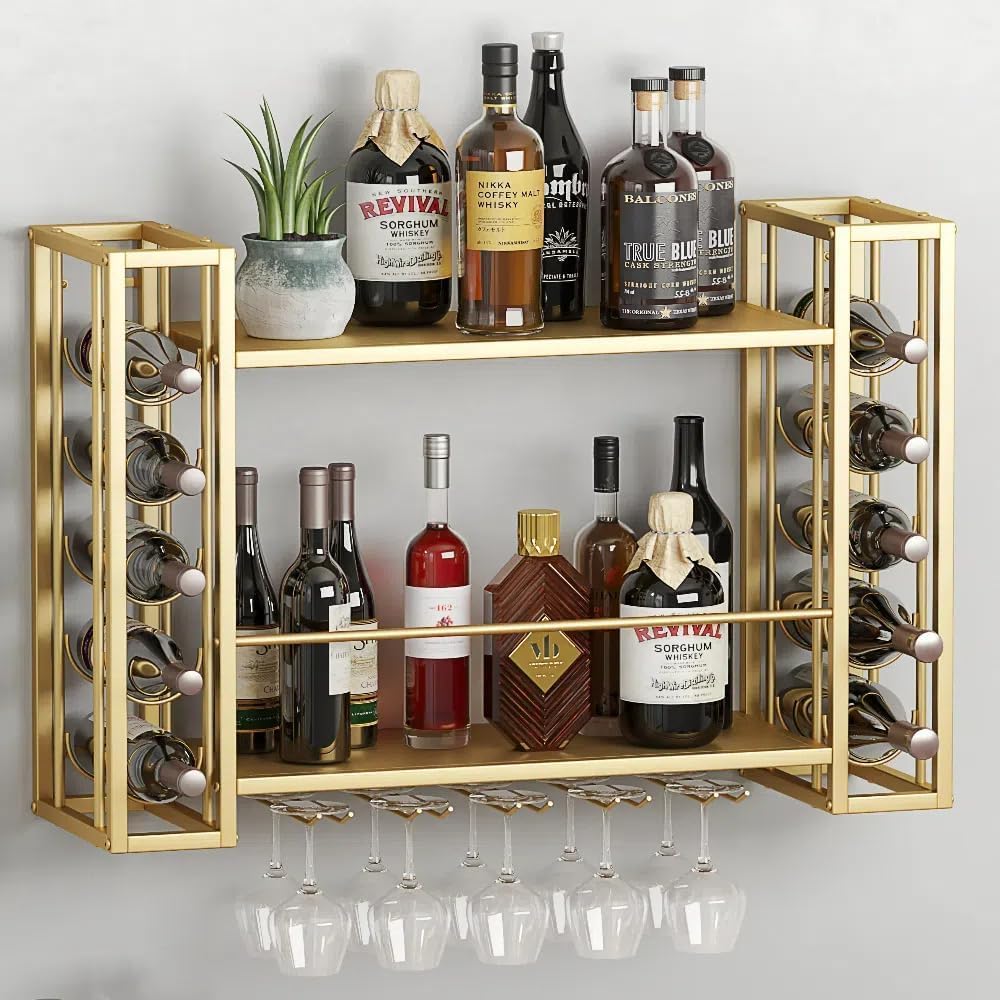 Home Bar Shelves - ชั้นวางไวน์ติดผนัง, ชั้นวางไวน์ติดผนังพร้อมชั้นวางแก้วไวน์, ชั้นวางอเนกประสงค์ 2 ชั้นสำหรับบ้านร้านอาหารบาร์สตอรา