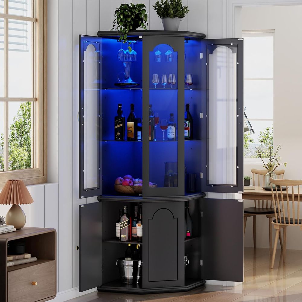 Home Bar Shelves - ตู้บาร์แบบมีไฟพร้อมประตูกระจกนิรภัย, ตู้เก็บไวน์ทรงสูง, ชั้นวางปรับระดับได้สำหรับบาร์ในบ้าน, เหมาะสำหรับห้องนั่งเล่น